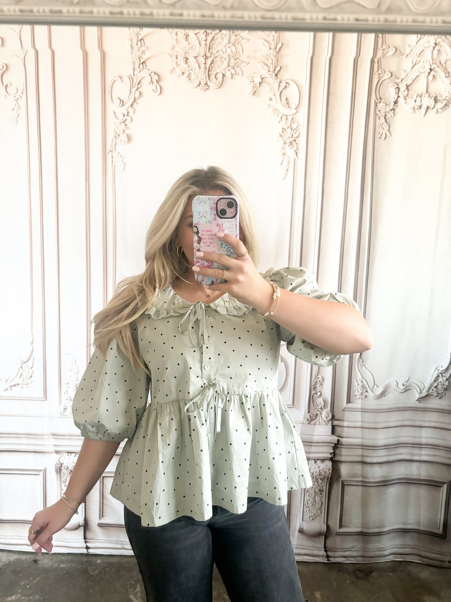 Half Sleeve Black Polka Dot Bow Tie Top
