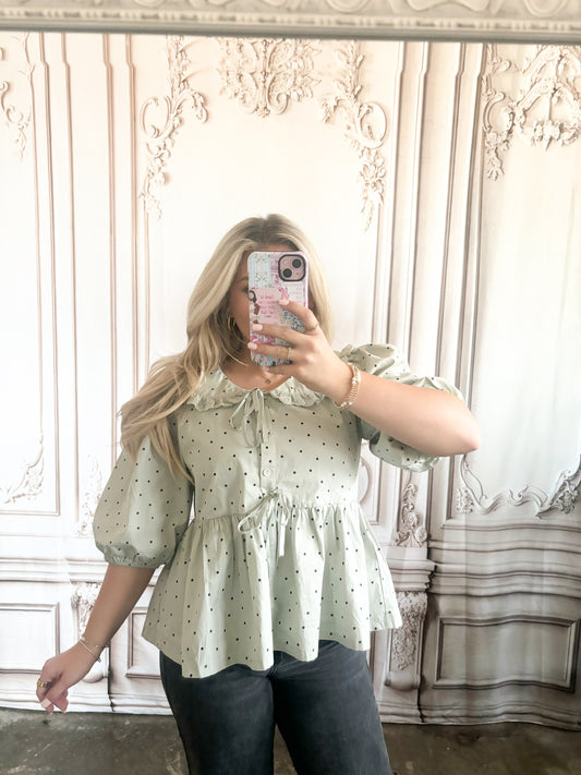 Half Sleeve Black Polka Dot Bow Tie Top