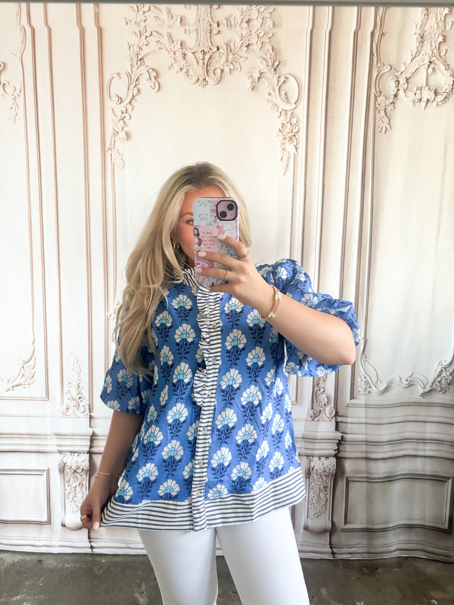 Bubble Sleeve Ruffled Neck Printed Top