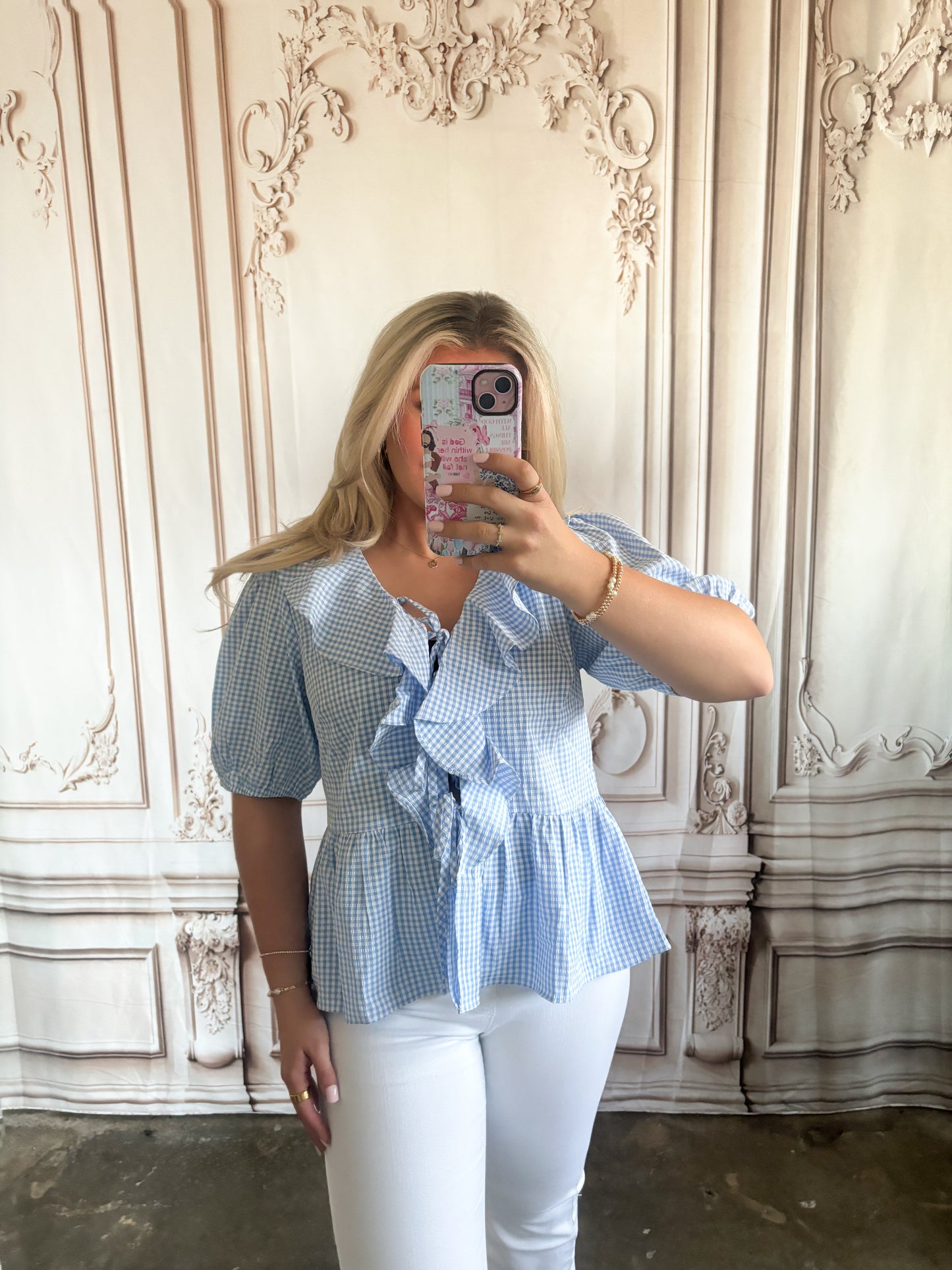 Half Sleeve Gingham Tie Ruffle Top
