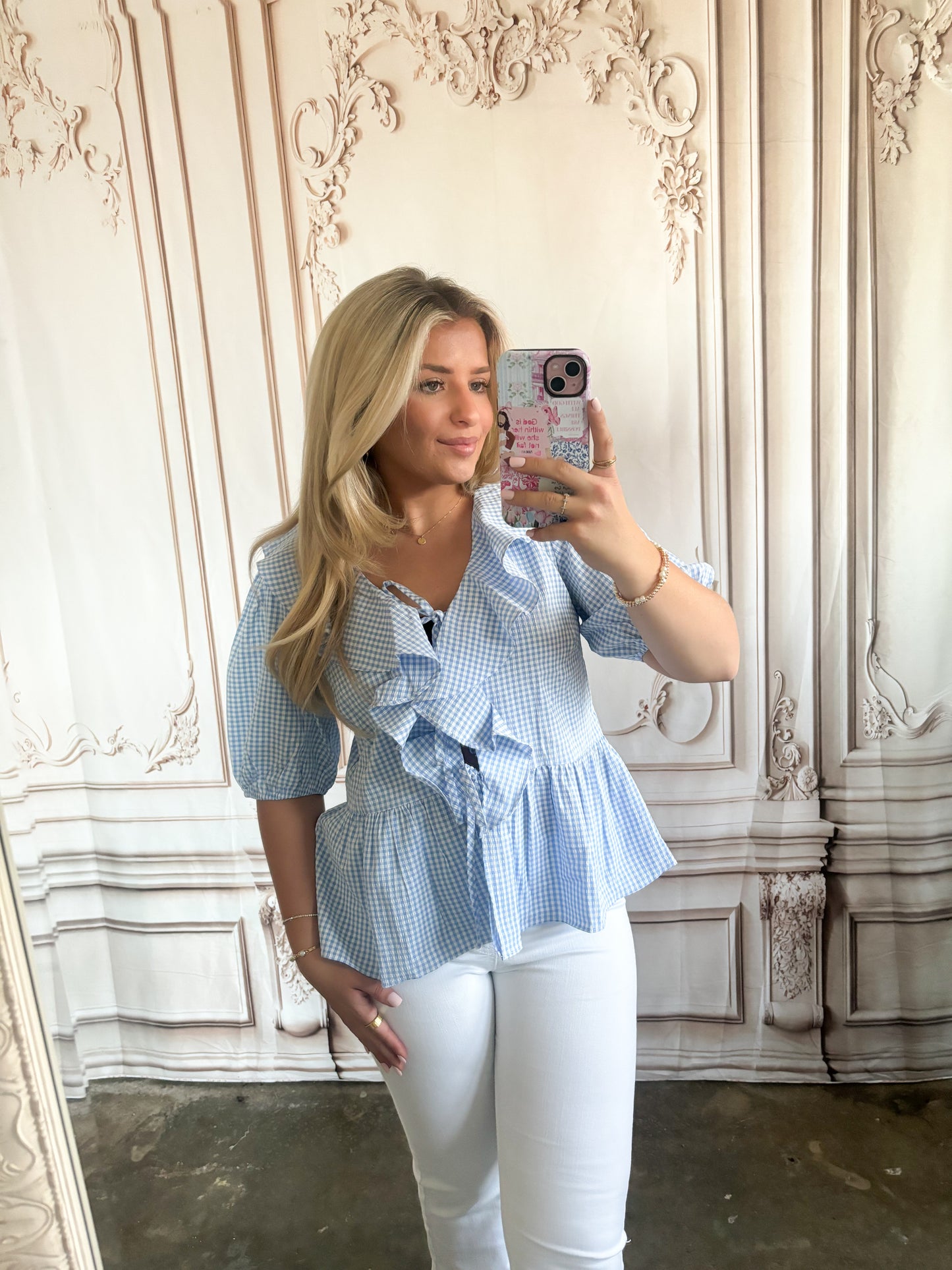 Half Sleeve Gingham Tie Ruffle Top