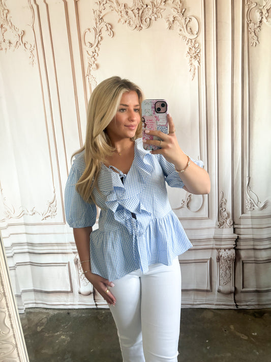 Half Sleeve Gingham Tie Ruffle Top