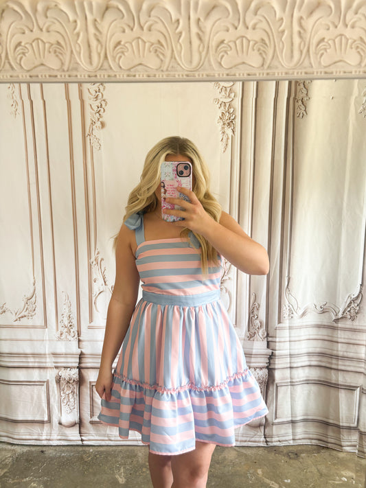 Striped Printed Mini Dress With Bow Tie Shoulder