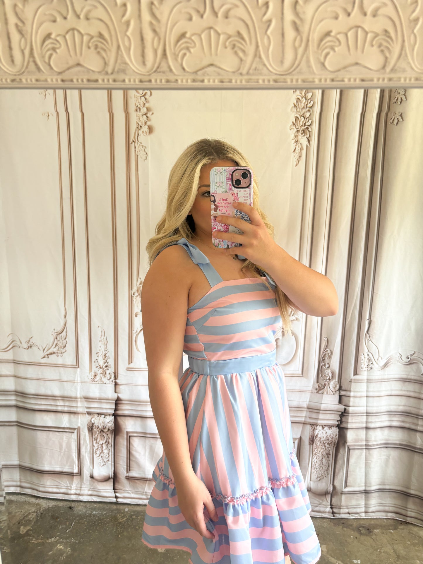 Striped Printed Mini Dress With Bow Tie Shoulder
