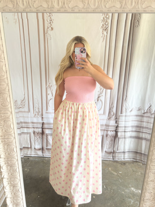 Strapless Polka Dot Midi Dress With Pockets