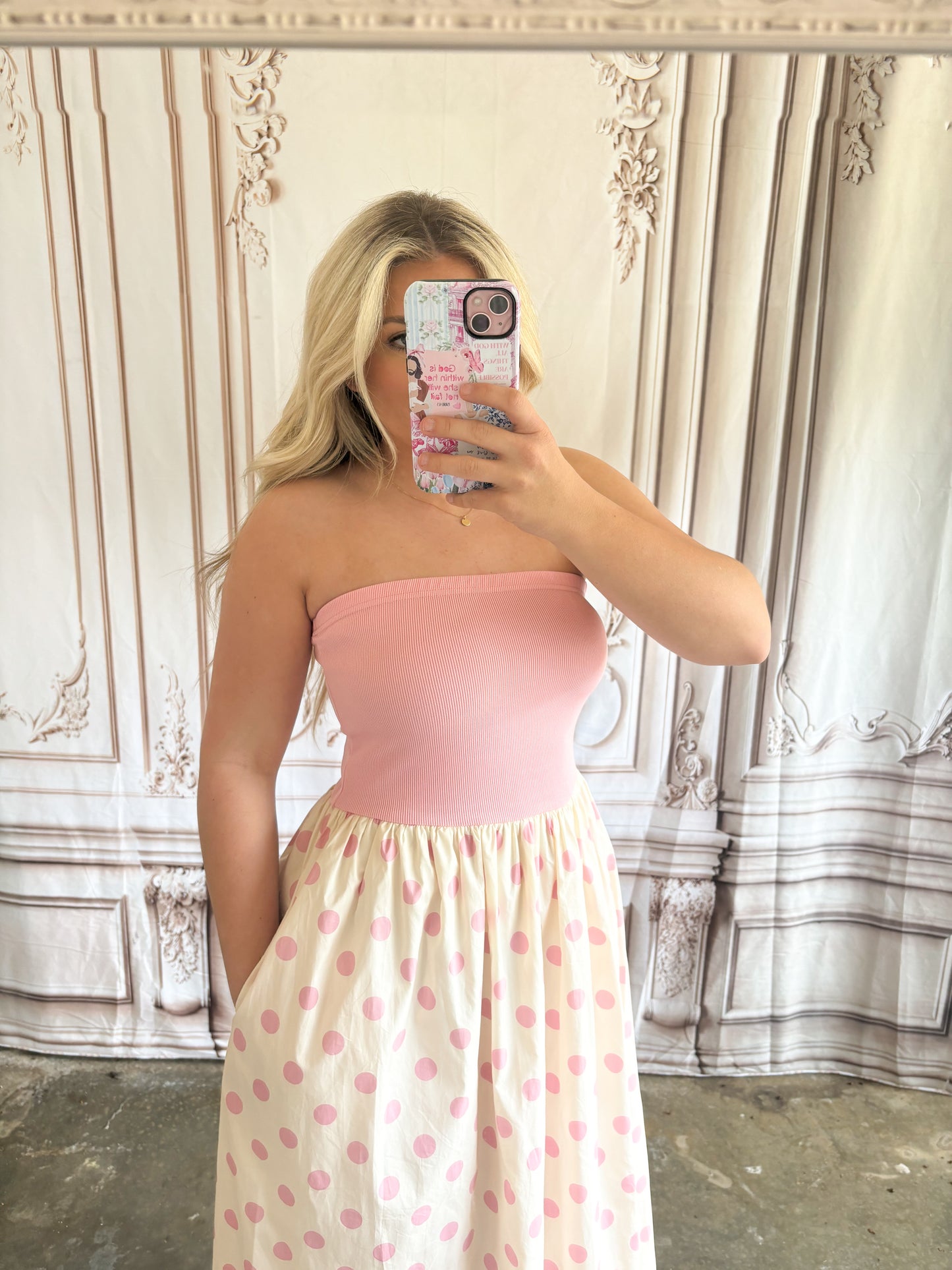 Strapless Polka Dot Midi Dress With Pockets