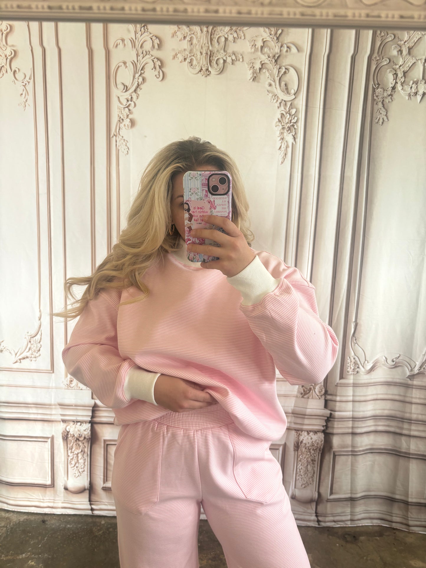 Pink Mock Neck Striped Sweatshirt/Pants Set