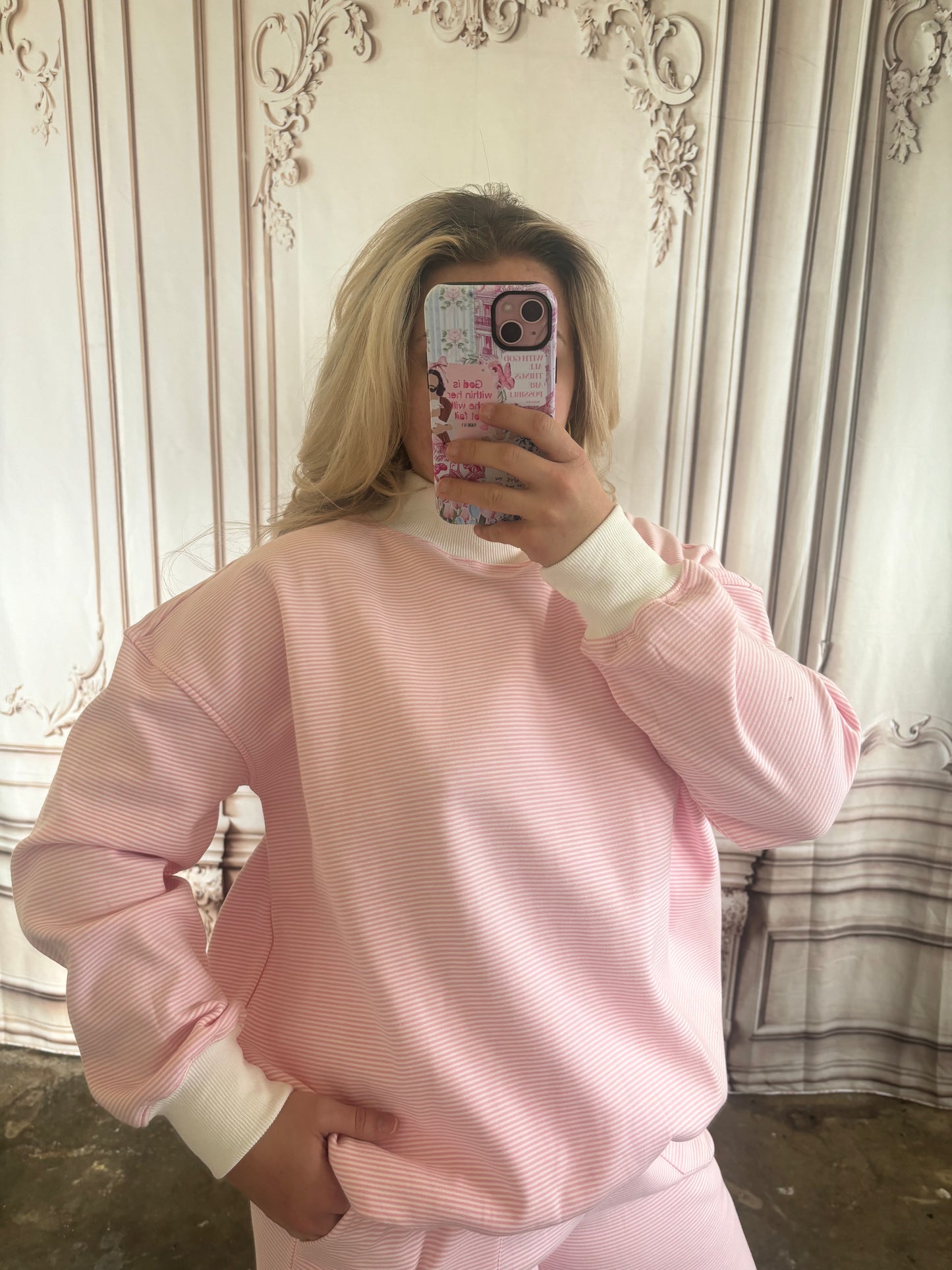 Pink Mock Neck Striped Sweatshirt/Pants Set