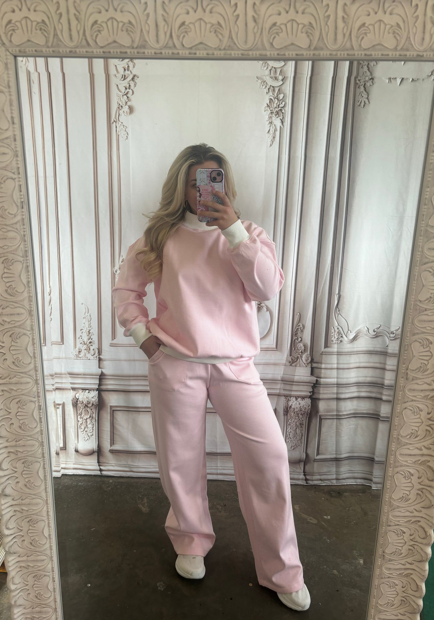 Pink Mock Neck Striped Sweatshirt/Pants Set