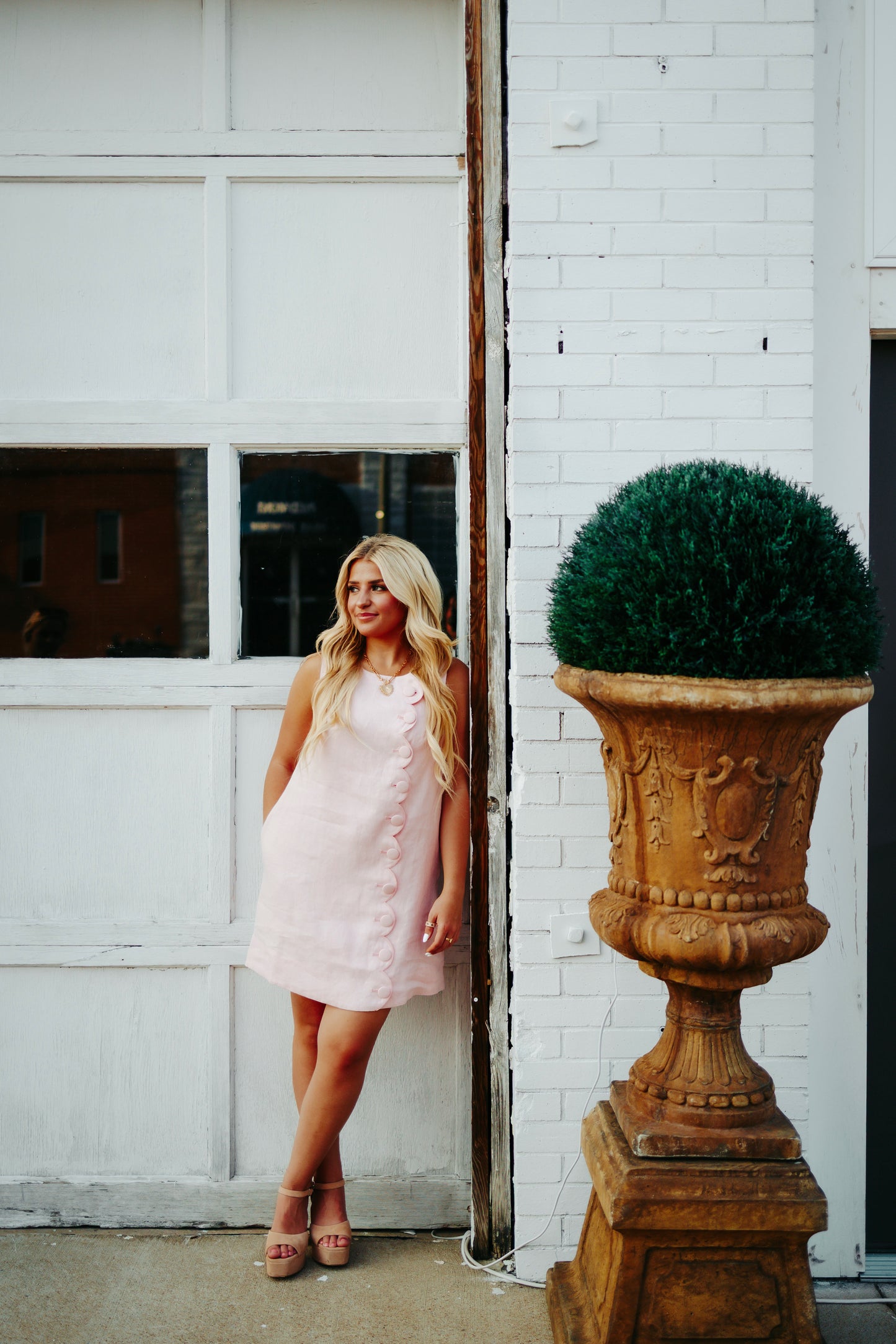 Pink Scallop Linen Mini Dress