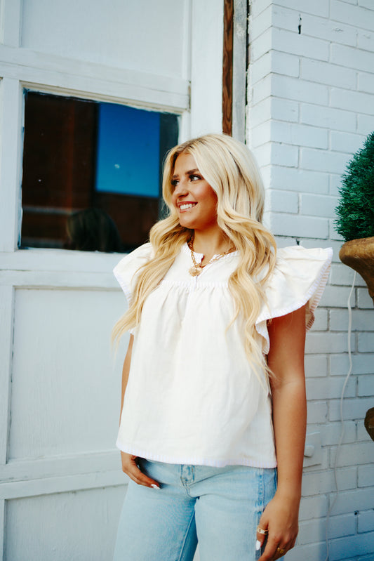 Flutter Sleeved Cotton Blouse with Contrast Stripe Binding