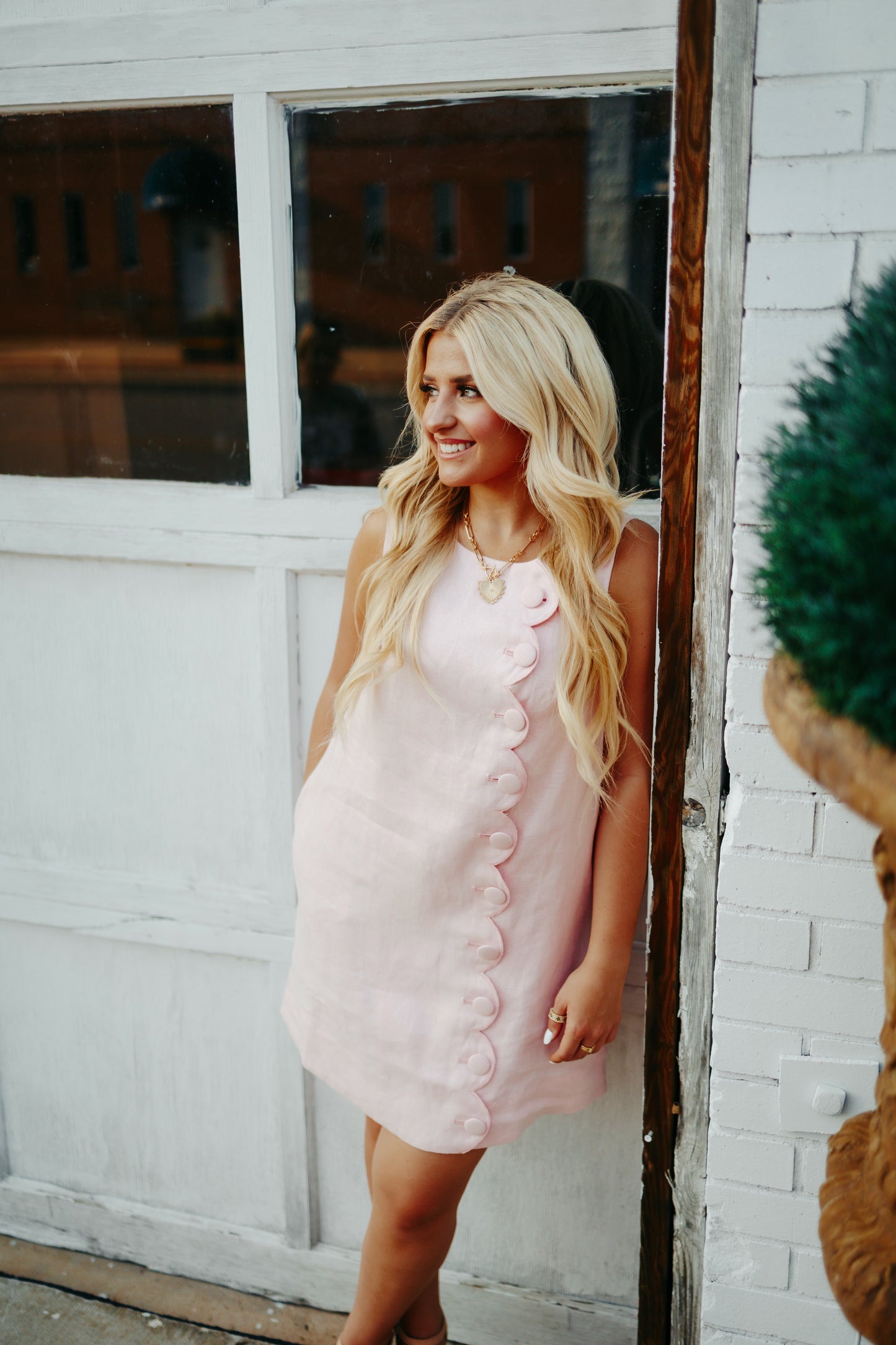 Pink Scallop Linen Mini Dress
