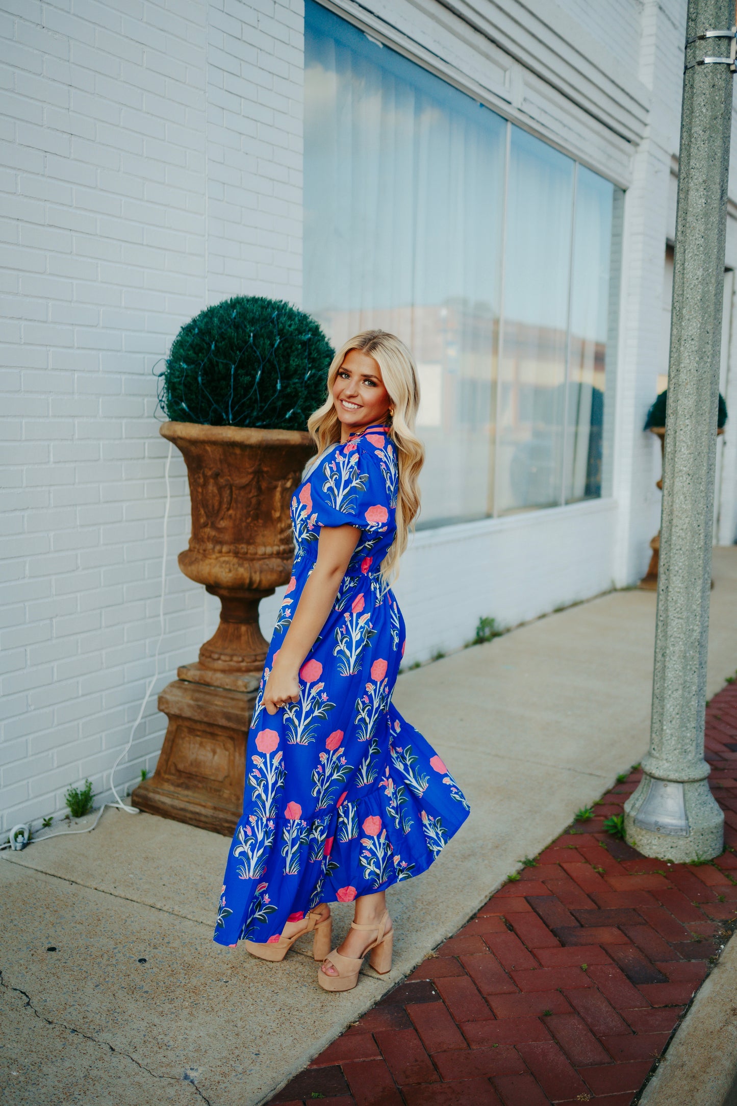 Ldc Floral Puff Short Sleeve V Neck High Waist Maxi Dress