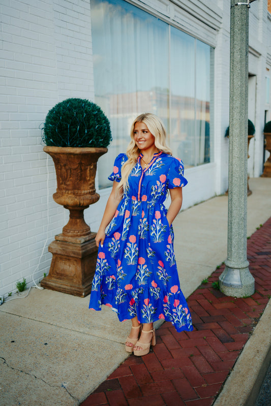 Ldc Floral Puff Short Sleeve V Neck High Waist Maxi Dress